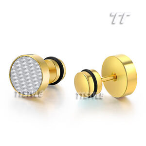 TT Gold-Tone 10mm Surgical Steel Fibre Fake Ear Plug Earrings A Pair (BE107J)