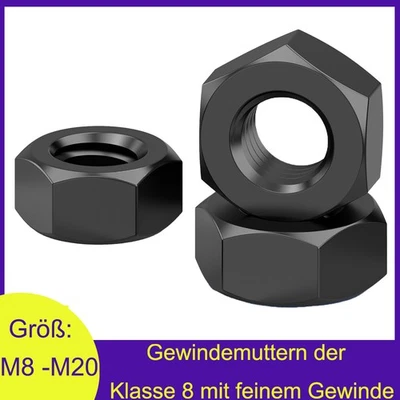 Schwarz Klasse 8 M8 M10 M12 M14 M16 - M20 Feingewinde Sechskantmuttern Metrisch - Bild 1 von 4