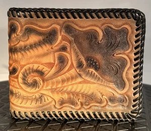 Vintage Hand Tooled Leather Biker Wallet Lotus Flower Bi-fold 70's NOS - Picture 1 of 9