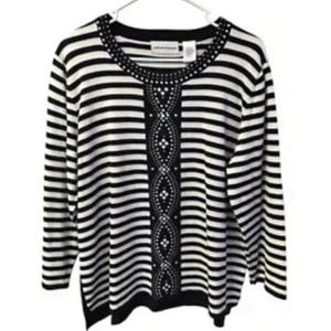 Alfred Dunner Womens L Embellished Navy & White Striped Long Sleeve Knit Blouse - Picture 1 of 9