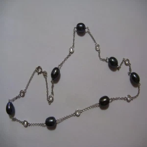 18" Sterling Silver Black Freshwater Pearl and CZ Necklace 10.82g - Picture 1 of 2