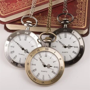 Vintage Roman Numerals Open Face Quartz Pocket Watch with Chain Men Gift - Picture 1 of 21