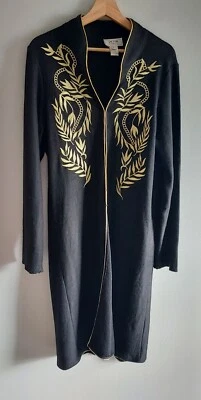 Maxi Cárdigan Suéter Victor Costa Negro Lana Nylon Dorado Bordado Talla M Foto 1 de 4