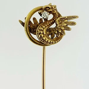 Antiguo Art Nouveau Oro 14k Griffin Dragón Diamante Pin Estate Alrededor de 1900 - Imagen 1 de 7