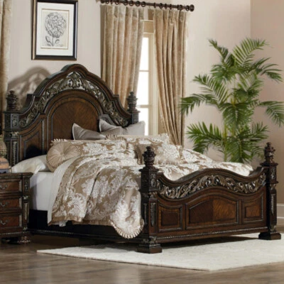 Old World Espresso Queen King Cherry Brown Poster Bed Bedroom Furniture Set - Image 1 of 4