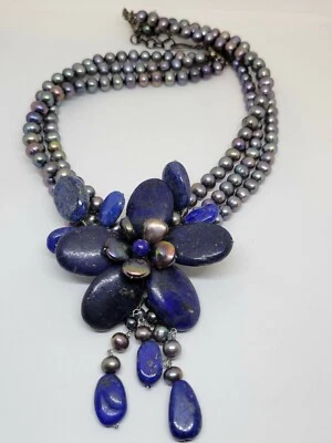 Sterling Silver Pearl Multi Strand Collar Necklace Blue Lapis Flower Pendant - Image 1 of 4