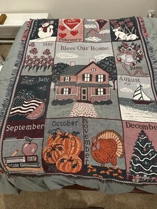 VTG Bless Our Home Cotton Calendar Months Tapestry Throw 65 x 46" Holidays - Imagen 1 de 11