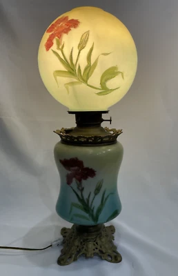 Antique Miller GWTW Center Draft Oil Lamp Conv. Electric Red Iris Yellow / Blue - Image 1 of 4