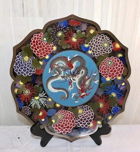 Meiji Japanese Cloisonne Goldstone Enamel Dragon Chrysanthemums Scalloped Plate - Picture 1 of 21