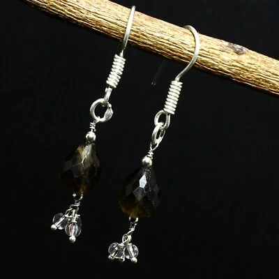 Natural Smoky Quartz Solid 925 Silver Gemstone Handmade Earring Gift Jewelry - Image 1 of 4