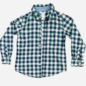 Carter’s plaid cotton button down shirt green navy blue Boys 6 front pocket - Picture 1 of 8