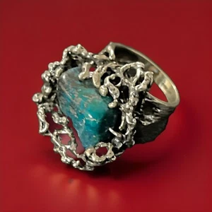 VINTAGE STERLING SILVER ISRAEL TURQUOISE BRUTALIST RING-Size 7 —14.26 Grams - Picture 1 of 12