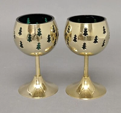 Votive Candle Holder Brass Green Glass Liner Tree Cutouts 3"D 6"High Set/2 - Image 1 of 4