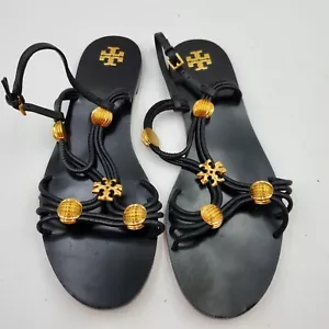 Tory Burch Capri Multi Strap Black Leather Gold Logo Bead Trim Sandals Size 10 M - Picture 1 of 13