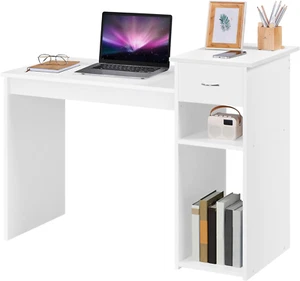 Small White Computer Desk with Drawers and Printer Shelves, Wood Study Writing T - Picture 1 of 9