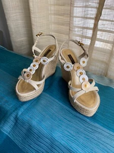 LOUIS VUITTON ESPADRILLE WEDGES HEELS BEIGE PLATFORMS CLOGS TRUNKS & BAGS 37.5-7 - Picture 1 of 11