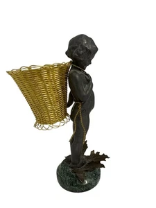 Petites Choses Art Nouveau 7.5" Cherub w/Basket, Leaves on Marble Base Bronze - Picture 1 of 7