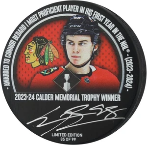 Connor Bedard Chicago Blackhawks Signed 2024 Calder Trophy Hockey Puck - LE 99 - Picture 1 of 3