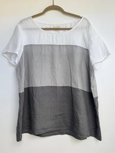 EAST 100% Linen Lagenlook White & Grey Striped Top T-Shirt XL UK18 *VGC* £90 - Picture 1 of 4