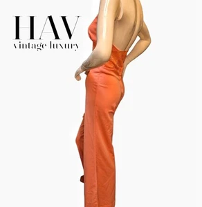 Vintage 1970s Melon Halter Jumpsuit Wide Leg Backless Polyester Unlined Lace... - Picture 1 of 3