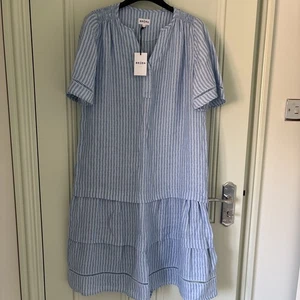 Brora Dress Womens UK 8 Sky Blue Striped Tiered Linen Folk RRP £235 Oversized - Picture 1 of 5