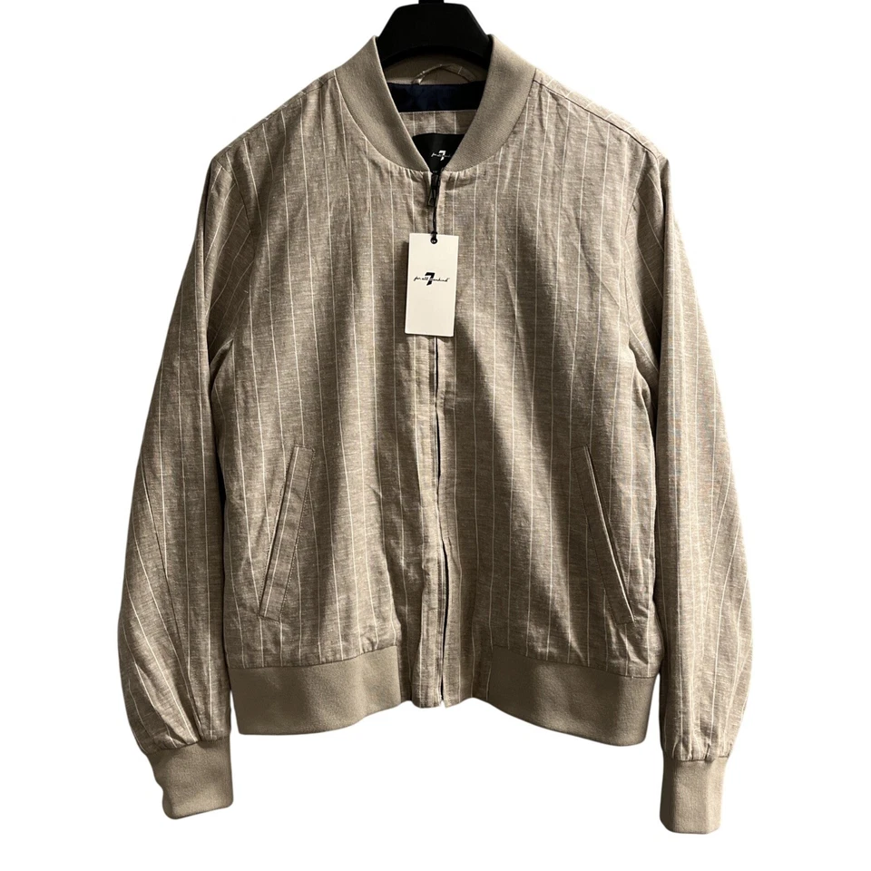 Chaqueta Seven For All Mankind Para Hombre M Tostada Rayas Algodón Mezcla de Lino Cremallera Preppy Foto 1 de 4