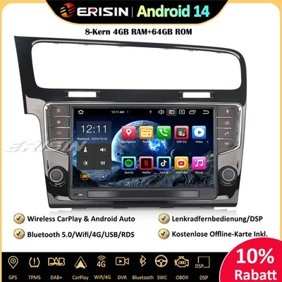 9“ 64GB Android 14 GPS Autoradio DAB+Wifi DSP OBD2 DTV RDS CarPlay Für VW Golf 7 - Bild 1 von 4