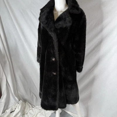 70s 80s black faux fur pile trench coat size S/M mobwife mafia midi length vtg - Image 1 of 4