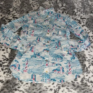 Lilly Pulitzer‎ Shirt Women’s 4 Colorful Coastal Button Up Lighthouses - Picture 1 of 8