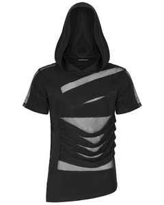 Punk Rave Mens Gothic Punk Shredded Mesh Inset Hooded T Shirt Top - Picture 1 of 13