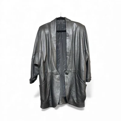 Vintage YSL Yves Saint Laurent Black Leather Blazer Jacket Oversized 80s 90s - Image 1 of 4