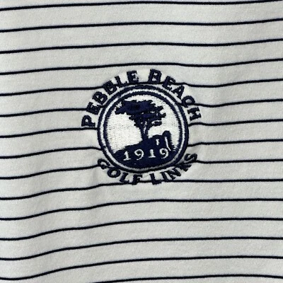 Pebble Beach Golf Links Polo Shirt Mens Medium Short Sleeve White Blue Stripe - Image 1 of 4