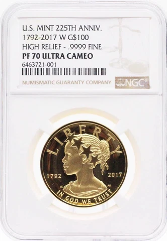 2017-W NGC PF70 $100 High Relief 225th Anniversary Gold Cover