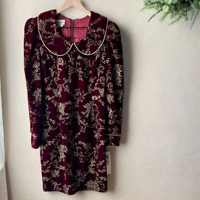 Vestido para mujer Jessica McClintock Gunne Sax terciopelo cuello Peter Pan rojo dorado talla 9 Foto 1 de 4