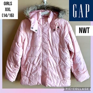 Gap Kids Puffer Jacket Classic Warmest Pink Faux Fur Hood Size XXL 14/16 NEW - Picture 1 of 15