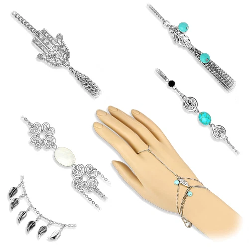 Sklavenarmband Armband Ring Handschmuck Hamsa Hand Tribal Perlen Blätter Armband - Bild 1 von 1