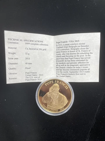 Life Of Pope Francis The U.S Visit  Commemorative Proof Coin 24K Gold Layered Cover