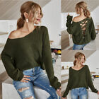 Womens Sweater Sexy Cold Shoulder Back Bandage Lace Up Knitted Jumper Pullover