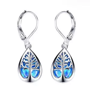 Dazzling Life Tree Teardrop Blue Fire Opal Silver Dangle Earrings Holiday Gift - Picture 1 of 8