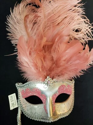 Mask (eyes) w/ stick, Pink feathers New Awesome! - Image 1 of 4