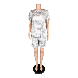 Cuddl Duds Smooth Jersey Sunset Tie Dye Tee and Bermuda PJ Set Grey Medium Size - Picture 1 of 2