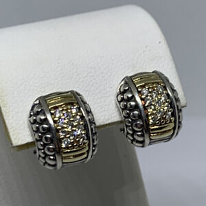 VTG Lagos Caviar Pave Diamond 18k Gold And 925 Sterling Earrings w Omega Backs