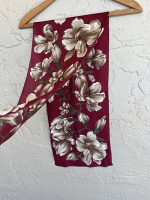 Vintage Oscar De La Renta Silk Burgundy Beige floral oblong Scarf 11” x 52” - Image 1 of 4