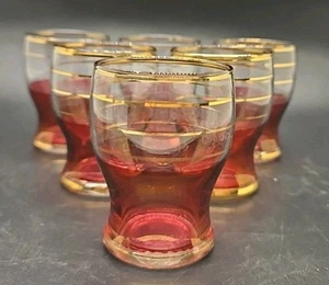 Set 6 Vintage Red & Gold Gilt Banded Shot Sherry Liqueur Glasses - Picture 1 of 4