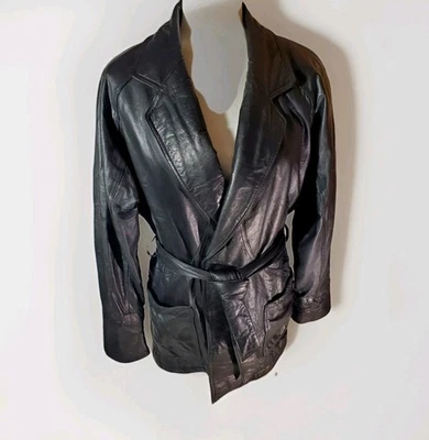 Винтажный Y2K Wilson черный натуральной кожи двубортный подпоясанный пальто SZS  - Изображение 1 из 4