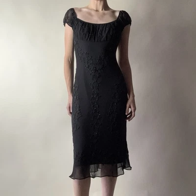 Vintage Y2K Scala Black Beaded Silk Dress Size M Whimsigoth Sheer Midi Formal - Image 1 of 4
