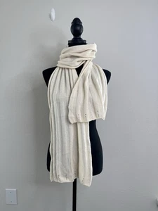 GIORGETTI 100% Cashmere Ribbed Knit Scarf Rhinestone Detail Cream Made in Italy - Picture 1 of 5