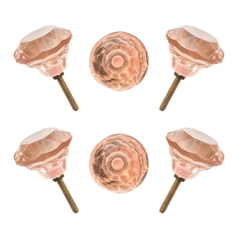 CDNY 6-Pack Blush Pink Glass Knobs - Large, Medium, Small Faceted Crystal Pulls