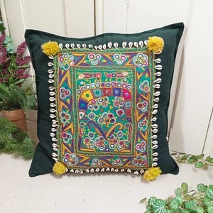 Indra Green Linen Cushion Cover With Antique Embroidered Mirror Work Patch 12 - Picture 1 of 12