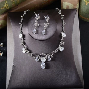 Drip Cubic Zirconia Crystal Silver or Gold Wedding Party Prom Necklace Earrings - Picture 1 of 10
